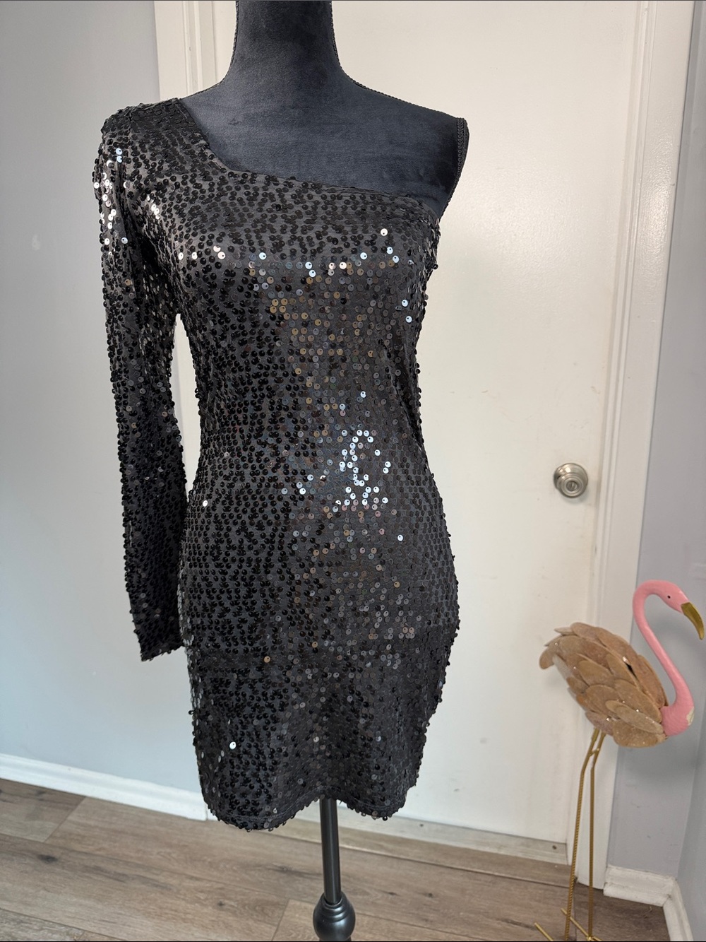 Black One-Shoulder Sequin Mini Dress